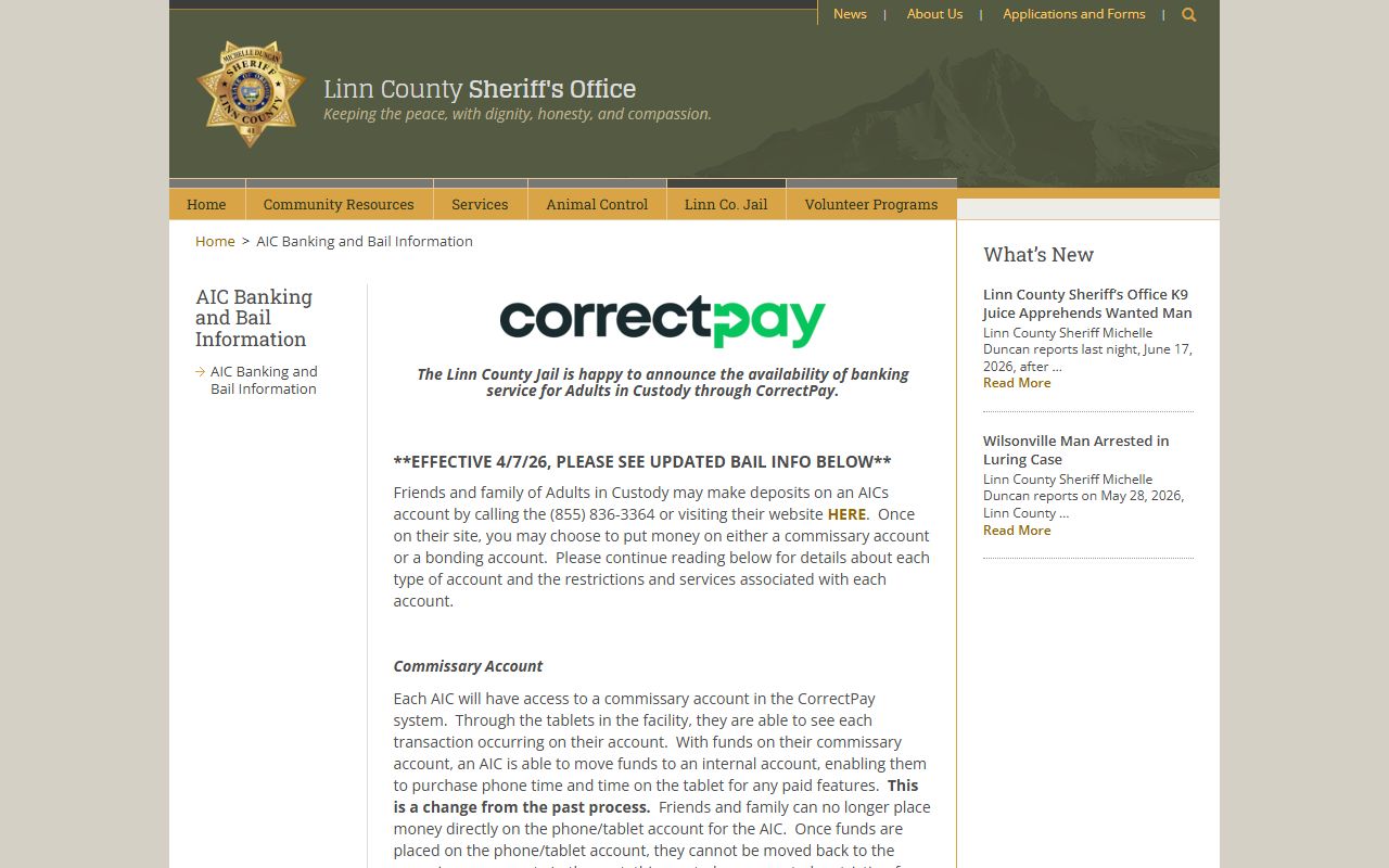 Linn County Jail banking and bail information page