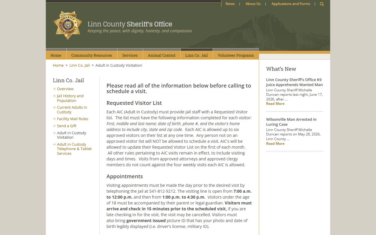 Linn County Jail adult visitation schedule page