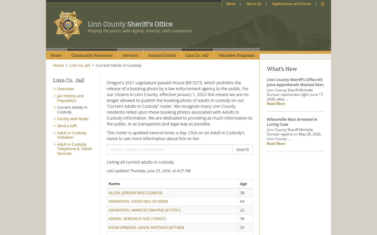 Linn County inmate population roster current adults in custody