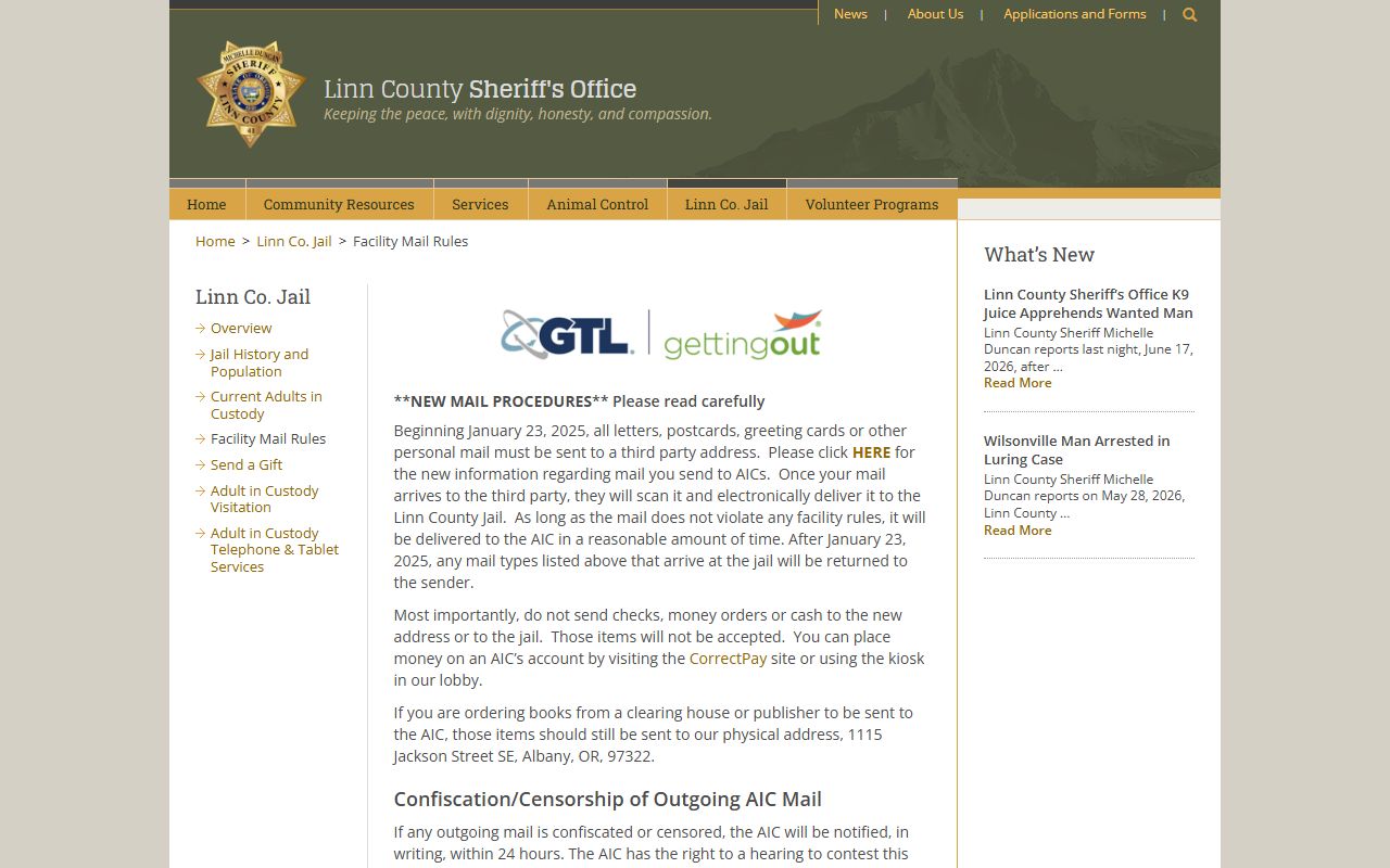 Linn County Jail facility mail rules page
