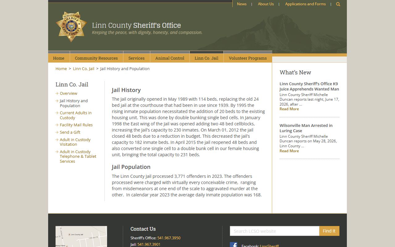 Linn County Jail history and population statistics page