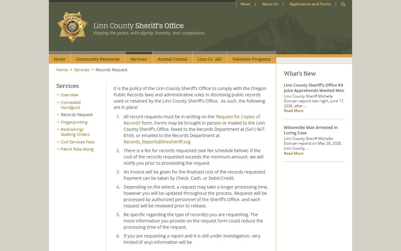 Linn County booking photo records request page