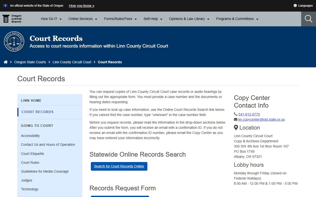 Linn County Circuit Court records request page for court records after arrest