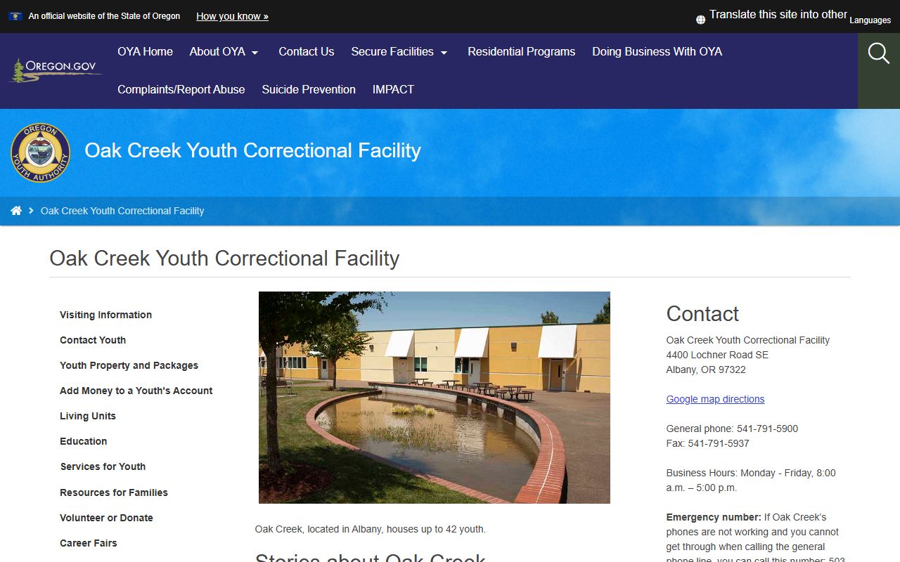 Oregon Youth Authority Oak Creek Youth Correctional Facility page