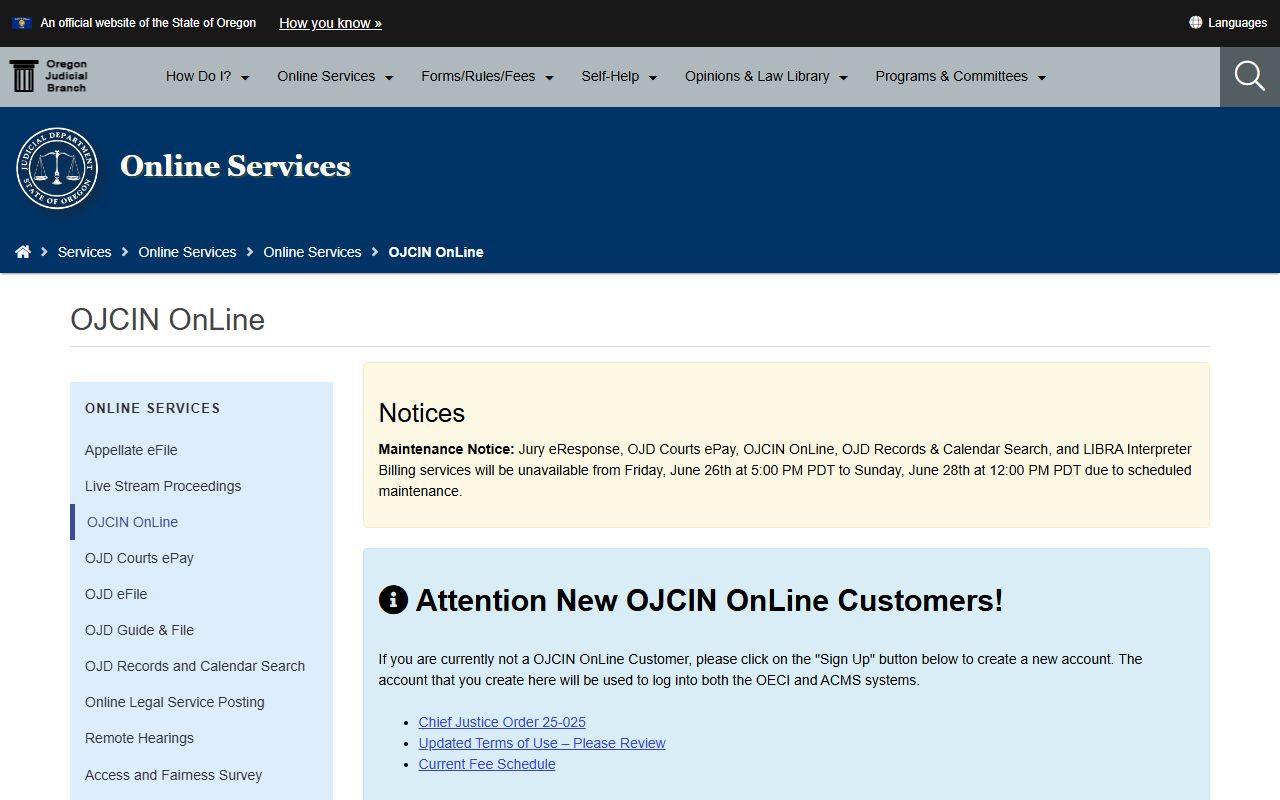 Linn County court records after arrest OJCIN Online search page